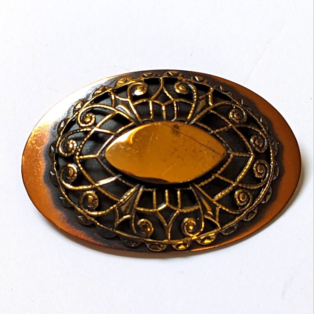 Vintage Estate Copper Gold Tone Filigree Brutalist Oval Brooch